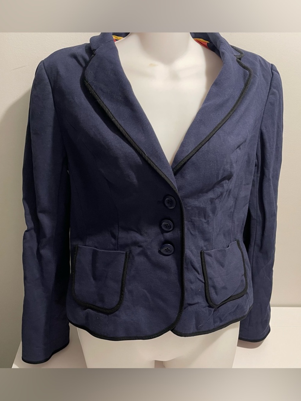 Boden Brand Women's Size 10R Navy Blue Fully Lined Blazer Black Piping Floral